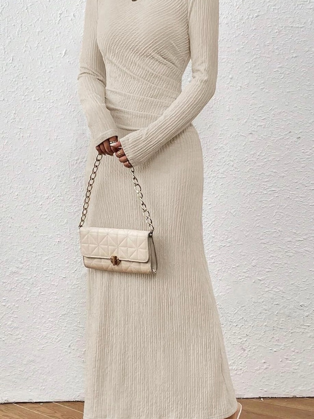 Elegant Long Sleeve Cream Ribbed Maxi Dress